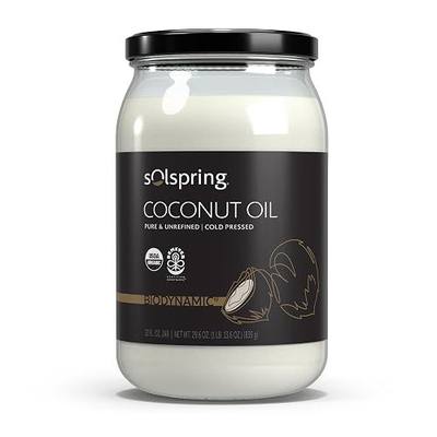Solspring Biodynamic Organic Coconut Oil - Raw & Extra Virgin - Cold Pressed - Sourced from Demeter Certified Biodynamic Farms - Certified USDA Organic & Non-GMO - 32 fl oz (60 Servings)