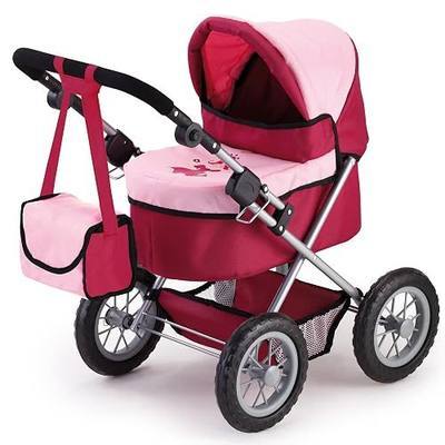 Bayer Trendy Doll Pram, Foldable Stroller for Dolls up to 18 Inch, Burgundy | Adjustable handle 15-27 inches, storage basket, shoulder bag and pneumatic tires. Lightweight frame folds for easy transport