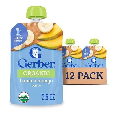 Gerber Stage 2 Organic Banana Mango Pouches, 3.5 Oz, 12 Pack | Stage 2 organic fruit puree pouch; banana mango; 2 servings of fruit; no added sweetener; no artificial colors or flavors;