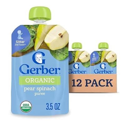 Gerber Stage 2 Organic Pear Spinach Pouches, 3.5 Oz, 12 Pack | Stage 2 organic fruit and veggie puree pouch; pear spinach; 2 servings fruit and veggie; no added sweetener; no artificial