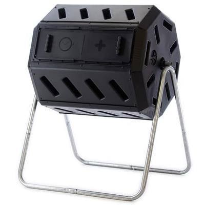 FCMP Outdoor Heavy Duty 37 Gallon 8 Sided Steel Portable Plastic Dual Chamber Tumbling Composter Outdoor Elevated Rotating Garden Compost Bin, Black | 8 Sided Portable Plastic Outdoor Elevated Rotating Garden Compost Bin, Black
