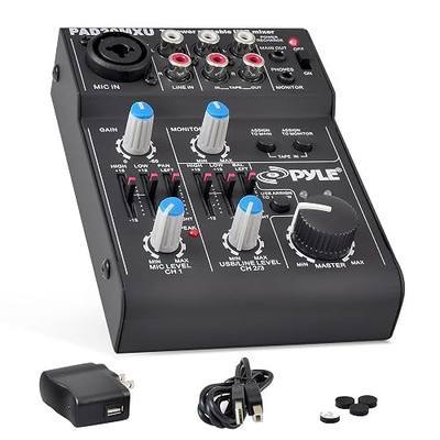 Pyle 5-Channel Rechargeable Mini Portable Audio Mixer – Compact Music Mixer DJ Controller with USB Interface, Slider EQ Controls, XLR Combo Mic Input, Rechargeable Battery, USB/Line/Master Controls