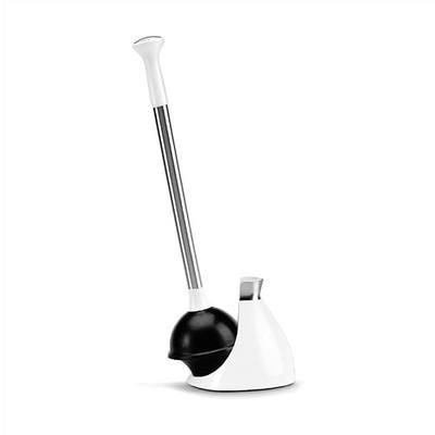 simplehuman Toilet Plunger with Holder, Toilet Plunger and Holder Set, Magnetic Drip-Free Cover, Narrow Flange for Modern Low-Flow Toilets, Hidden Dome Storage, Stainless Steel, White