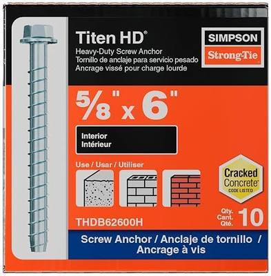 Simpson Strong-Tie THDB62600H 5/8 Inch x 6 Inch, Hex Washer Head, Zinc Plated Titen HD Heavy-Duty Screw Anchor for Concrete, Easy Installation (Pack of 10)