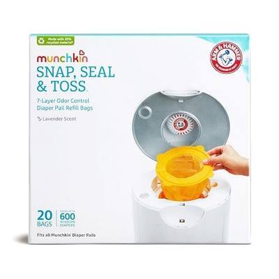 Munchkin Arm & Hammer Diaper Pail Refill Bags, Snap, Seal, Toss Disposable Diaper Trash Bags, Lavender Scented, 20 Pack, Holds up to 600 Newborn Diapers
