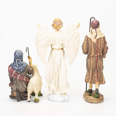 Three Kings Gifts Shepherds and Angel Nativity Add-On Set, 3-Piece Polystone Christmas Figures with Sheep Lamb, Flat Bottom Base Collectibles for 10-Inch Scale Nativity Scene