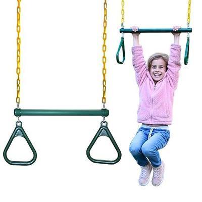 Eastern Jungle Gym Heavy-Duty Ring Trapeze Bar Combo | Large 20" Trapeze Swing Bar with Triangular Gymnastic Rings and Pinch-Free Coated Swing Chains 43" Long