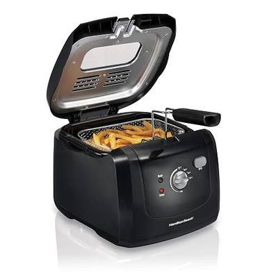 Hamilton Beach Cool Touch Electric Deep Fryer with Basket For Home Use | 2 Liter / 8 Cup Oil Capacity | 1500 Watts | Cool-Touch Sides | Lid With View Window | Adjustable Temperature | Black | 35021