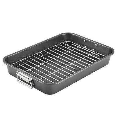 Farberware Bakeware Nonstick Roaster with Flat Rack, Roasting Pan with Rack For Home Cooking, 11-Inch x 15-Inch, Gray