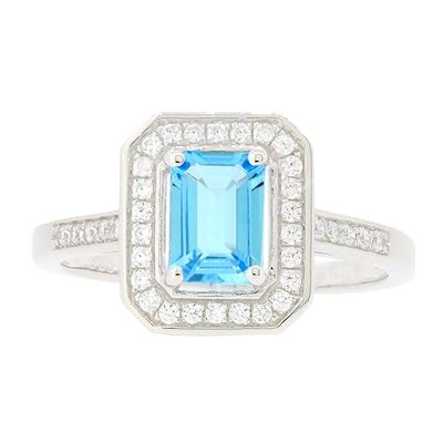 Sterling Silver Emerald Cut Genuine Blue Topaz Ring w/Accent Vintage Style (1 1/4 CT.T.W)