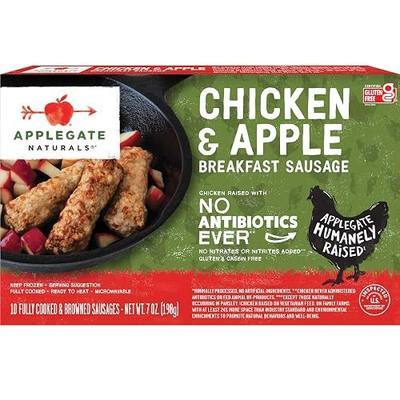 APPLEGATE NATURALS Chicken & Apple Breakfast Sausage, 7oz (Frozen) | No Antibiotics Ever, Certified Gluten Free