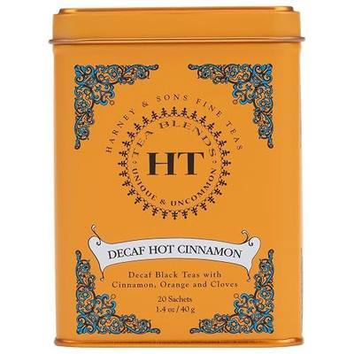 Harney and Sons Decaf Hot Cinnamon , Decaf Flavored Black 20 Sachets per Tin 1.4oz | Decaffeinated black tea, cinnamon, orange peel & cloves, naturally sweet