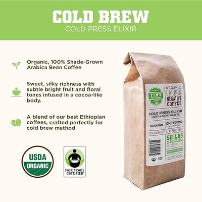 Tiny Footprint Coffee - Organic Cold Brew & Press Elixir | Blend of Light & Dark Roasts | Shade-Gown Ground Coffee, Carbon Negative, 16 Ounce