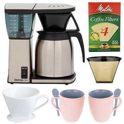 Bonavita BV1800SS 8 Cup Coffee Maker With Thermal Carafe + Gold Tone Basket Coffee Filter + Coffee Filter Cone Size 4 + White Paper Filter for 02 Dripper + Knox 16oz. Mug With Spoon (2 Pack)