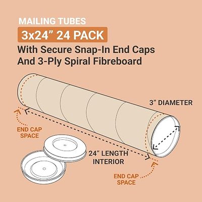 BOX USA Cardboard Tubes with Caps, 24"L x 3"W x 3"H, Pack of 24 | Poster Tube for Mailing and Storage of Blueprints, Artwork, Crafts, Long Art Holder, 24 inches
