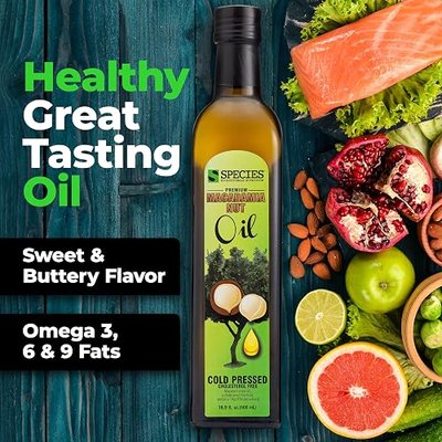 Species Nutrition Macadamia Nut Oil, Healthy Cooking Oil for Stir Fry, Sweet, Buttery, Great Tasting, Omega 9 Monounsaturated Fats, Balanced Omega 3 & 6 Fats. (32 Servings)