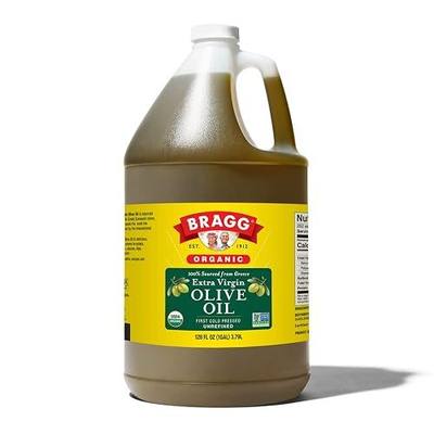 Bragg Organic Extra Virgin Olive Oil – Made with Greek Koroneiki Olives – Cold Pressed EVOO for Marinades & Vinaigrettes – USDA Certified, Non-GMO, Kosher (128 fluid Ounce) | Cold-Pressed Sourced from Organic Greek Koroneiki Olives - Non-GMO & Kosher