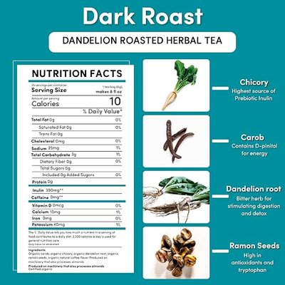 Teeccino Dandelion Herbal Tea - Dark Roast - 25 Tea Bags, Caffeine-Free, Roasted Herbal Tea with Prebiotics, 3x More Herbs than Regular Tea Bags, Gluten Free