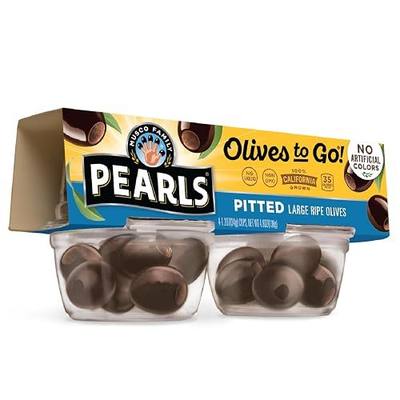 Pearls Olives To Go! Pitted Large Ripe Olives, 1.2 oz Snack Cups, 24 Pack | California Grown, Non-GMO, Gluten-Free, Liquid-Free Cup, Easy Open, Ready-to-Eat Olive Snacks for Lunchboxes