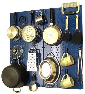 Wall Control Kitchen Pegboard Organizer Pots and Pans Storage Rack Organization Kit with Blue Pegboard and Black Accessories