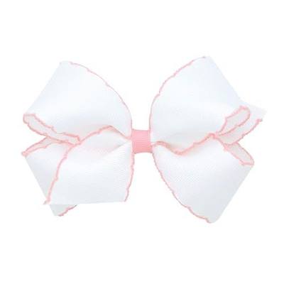 Wee Ones Girls' Classic Grosgrain Moonstitch Edge Hair Bow, No-Slip Hair Clip, Handmade, White with Light Pink, Medium