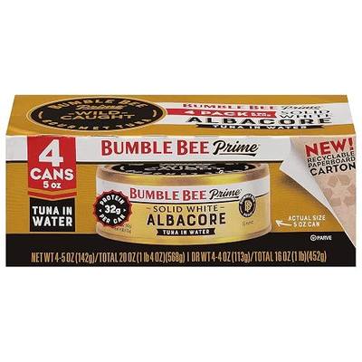 Bumble Bee Prime Solid White Albacore Tuna in Water, 5 oz Easy Open Cans (Pack of 4) - Premium Wild Caught Tuna - 32g Protein per Serving - Non-GMO Project Verified, Gluten Free, Kosher