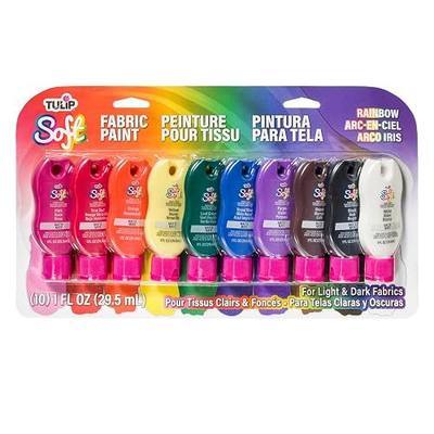 Tulip Soft Fabric Paint, Permanent Fabric Paint for Clothes, Rainbow Colors, 10 Pack, 1 fl oz bottles, Matte Finish Stays Flexible After Washing