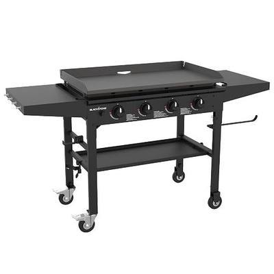 Blackstone 36 Inch 4 Burner 60,000 BTU Portable Steel Griddle Cooking Station with Foldable Legs, Grease Pan, and Storage Rack, Black | Folding Side Shelves, Powder Coated Steel