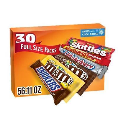 M&M'S, SNICKERS, 3 MUSKETEERS, SKITTLES & STARBURST Variety Pack Full Size Bulk Candy Assortment, 56.11 oz, 30 Bars