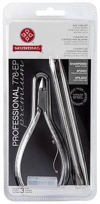Mundial Nail Care 3 Piece Set - Professional Stainless Steel Cuticle Nippers with Double Nail Spatula and Pusher, Manicure, and Pedicure Trimmer Kit