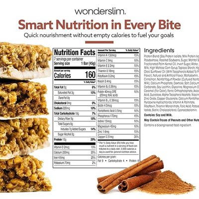 WonderSlim Meal Replacement Protein Bar, Cinnamon, 15g Protein, 20 Vitamins & Minerals, Gluten Free (7ct)