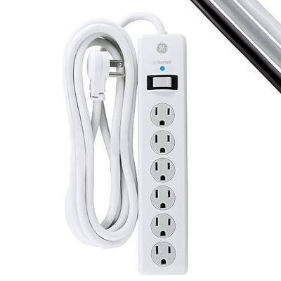 GE 6-Outlet Surge Protector, 8 Ft Extension Cord, Power Strip, 800 Joules, Flat Plug, Twist-to-Close Safety Covers, Protected Indicator Light, UL Listed, White, 14014