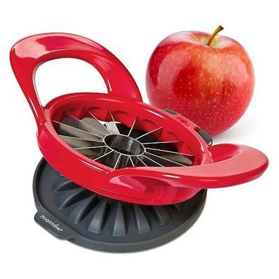 PrepWorks Apple Slicer and Corer, Attached Safety Cover, Cuts 16 Thin Apple Slices, Red | Quickly Slices and Cores Apples Into 16 Even Slices, Stainless Steel Blades, Dishwasher Safe