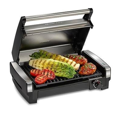Hamilton Beach Electric Indoor Searing Grill with Adjustable Temperature Control to 450F, 118 sq. in. Surface Serves 6, PFAS-Free Removable Nonstick Grate, Stainless Steel (25360) | Adjustable Temperature Control To 450°F | 118 sq. in. PFAS-Free Removable Non-Stick Cooking Surface | Stainless Steel