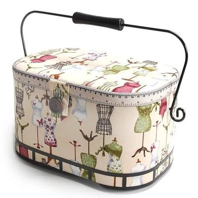 Dritz Large Oval Sewing Basket with Metal Handle, Vintage Dress Form Print