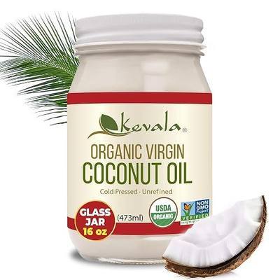 Kevala Organic Coconut Oil - Glass Jar, 16 oz, Beauty and Cooking Staple | High-Heat Cooking and Baking, Ideal for Oil Pulling, Easy Storage, Enjoyed in Skin Care and as a Hair Oil, For Keto Diets