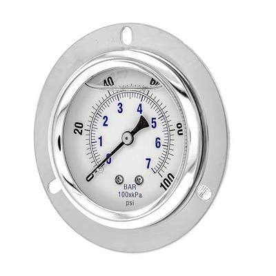 PIC Gauges PRO-204L-254E Panel Mount Front Flanged Glycerin Filled Industrial Pressure Gauge w/ SS Case, Brass Internals, Plastic Lens, 2.5" Dial, 0/100 psi Range, 1/4" Male NPT
