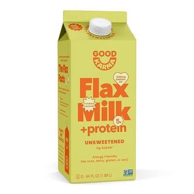 Good Karma Unsweetened Flaxmilk+Protein, 64 Fl Oz Carton | 5g Plant-Based Protein + 1200mg Omega-3 Per Serving, Non-Dairy Milk Alternative, Lactose Free, Nut Free, Vegan, Refrigerated