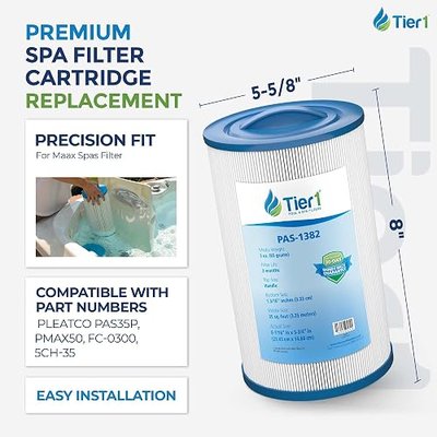 Tier1 Replacement for Maax Spas Filter | Compatible with Pleatco PAS35P, PMAX50, FC-0300, 5CH-35 | 8" x 5 5/8" | Trilobal Fabric | High Flow | Washable Spa Filter Cartridge