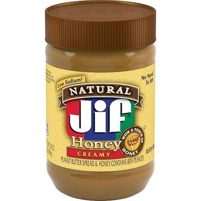 Jif Natural Creamy Peanut Butter Spread and Honey, 16 Oz. Jar | 7g protein per serving, 7% DV, See nutrition information for fat and saturated fat content, Contains 80% peanuts