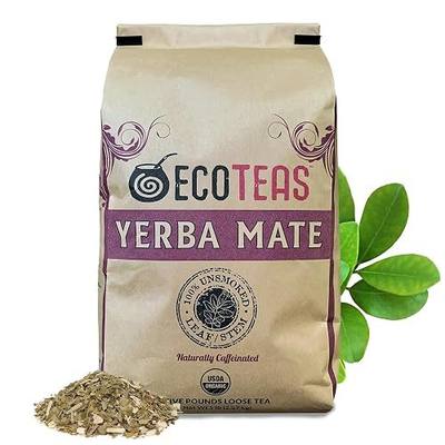 ECOTEAS Organic Yerba Mate Loose Tea Traditional Cut 5 lb Bulk Value Bag | 5 lb bulk traditional cut with stems and powder, USDA organic kosher non-GMO, brews in French press gourd or bombilla