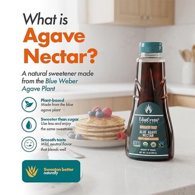 BLUE GREEN ORGANICS Raw Blue Agave Nectar - 16 oz Organic Natural Sweetener - Low Glycemic & Non-GMO Squeeze Bottle