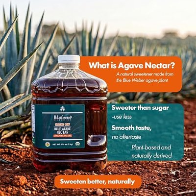 BLUE GREEN ORGANICS Raw Blue Agave Syrup – 176 oz Bulk Size – Natural Low Glycemic Sweetener for Coffee, Baking & Cooking, Organic, Vegan, Non-GMO