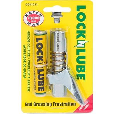 LockNLube Grease Gun Coupler locks onto Zerk fittings. Grease goes in, not on the machine. World's best-selling original locking grease coupler. Rated 10,000 PSI. Long-lasting rebuildable tool.
