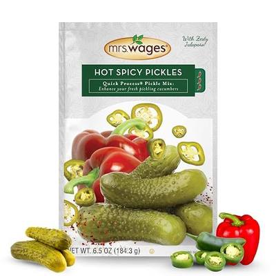 Mrs. Wages Hot Spicy Pickles Quick Process Mix, Simple-To-Use, Flavorful Spice, Easy Way to Make Pickles, Zesty Jalapeno Pepper Flavor, Great Snack, 6.5 oz Packet (Value Pack of 12) | Spicy jalapeno pickle mix for bold, flavorful homemade pickles—perfect for snacking, sides, and pairing with dips