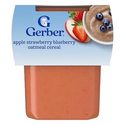 Gerber Stage 2 Apple Strawberry Blueberry with Oatmeal, 4 Oz, 16 Pack | Stage 2 baby cereal with mixed grain; apple strawberry blueberry with oatmeal; 8 x 4 oz tubs