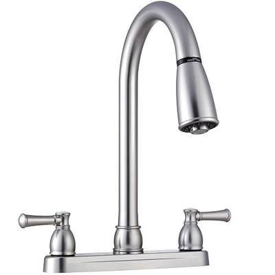 Dura Faucet DF-PK350L-SN RV Pull-Down Kitchen Sink Faucet (Satin Nickel) | Stream-to-spray sprayer with a corrosion-resistant non-metallic build. Brushed Satin Nickel. Plated ABS plastic (not metal).