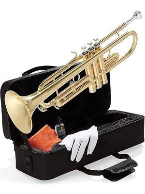 Mendini By Cecilio Bb Standard Trumpet Set for Beginners - Brass Trumpet Instrument with Hard Case, 7C Mouthpiece, Valve Oil, Cleaning Cloth, Maintenance kit and Gloves (Gold)
