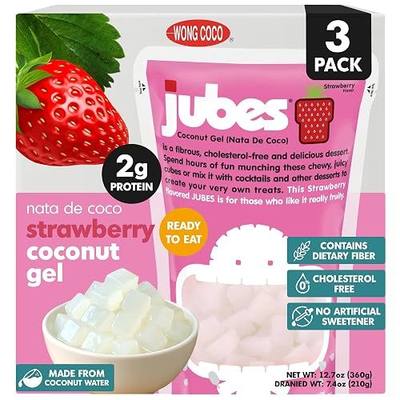 Jubes Strawberry Nata De Coco Jelly Cubes (12.7 oz, Pack of 3) - Strawberry Coconut Jelly Cubes for Sago - Coconut Gel in Syrup Toppings for Fruit Tea, Boba, Bubble Tea, Drinks, Desserts Yogurt, Ice Cream, Beverage