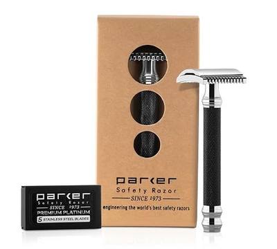 Parker Open Comb Double Edge Safety Razor – Heavyweight Chrome Handle for Closer Shaves – Includes 5 Razor Blades – Ideal for Men with Thick or Coarse Beards (26C - Graphite Gray)